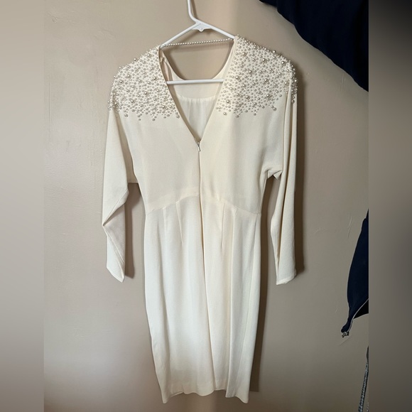 Remarkable Vintage 80s Pearl-Covered Courthouse Wedding Dress with Shoulder Pads - Picture 2 of 3